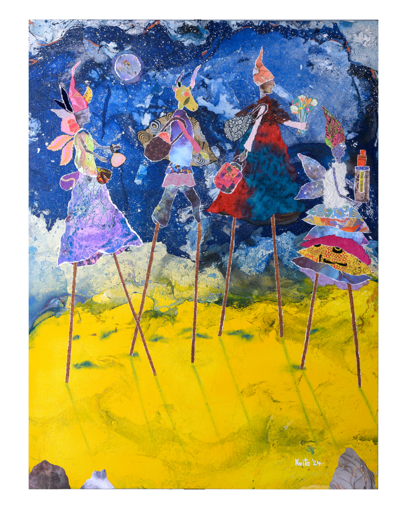 Abstract mixed‑media scene of four tall, stylized figures on stilts walking across a bright yellow ground under a swirling blue night sky with planets, each figure dressed in colourful patchwork clothing and carrying bags, flowers or instruments, with a smaller winged character perched on stacked fabrics at the right.